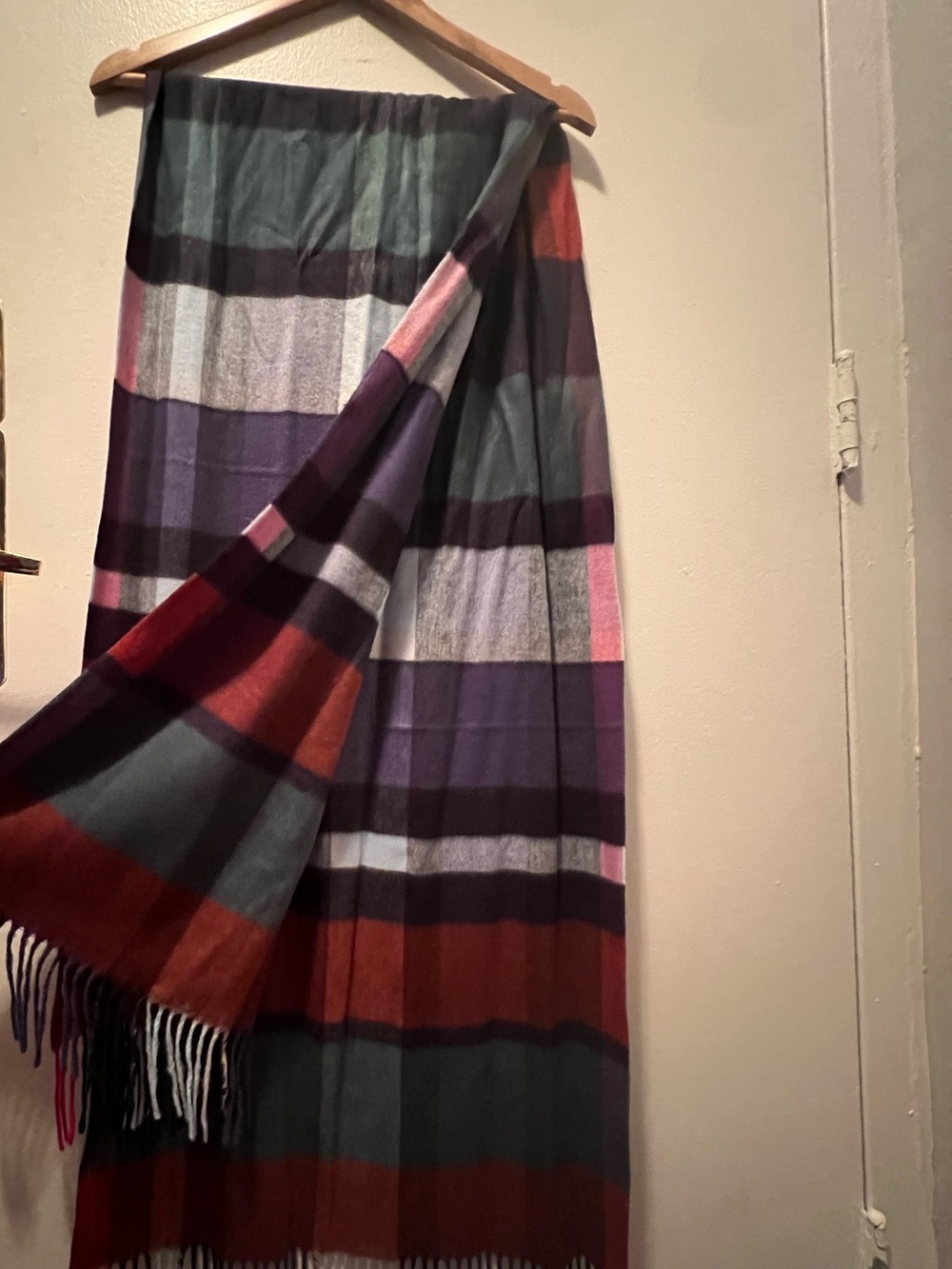 ✨ V. Fraas Block Plaid Cashmink Scarf Burgundy Teal Purple Germany